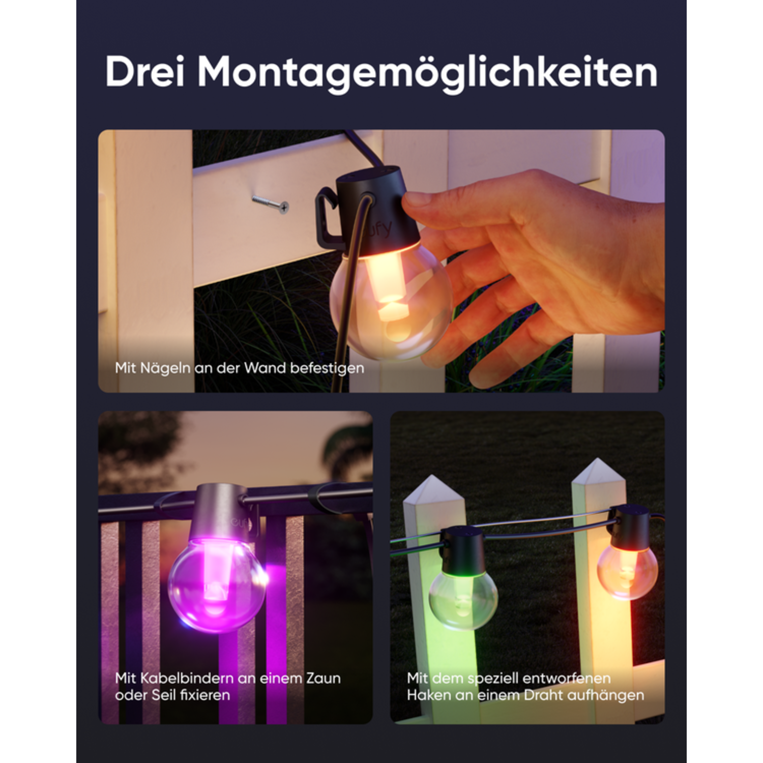 Various ways to hang outdoor string lights: nails, cable ties, hooks.