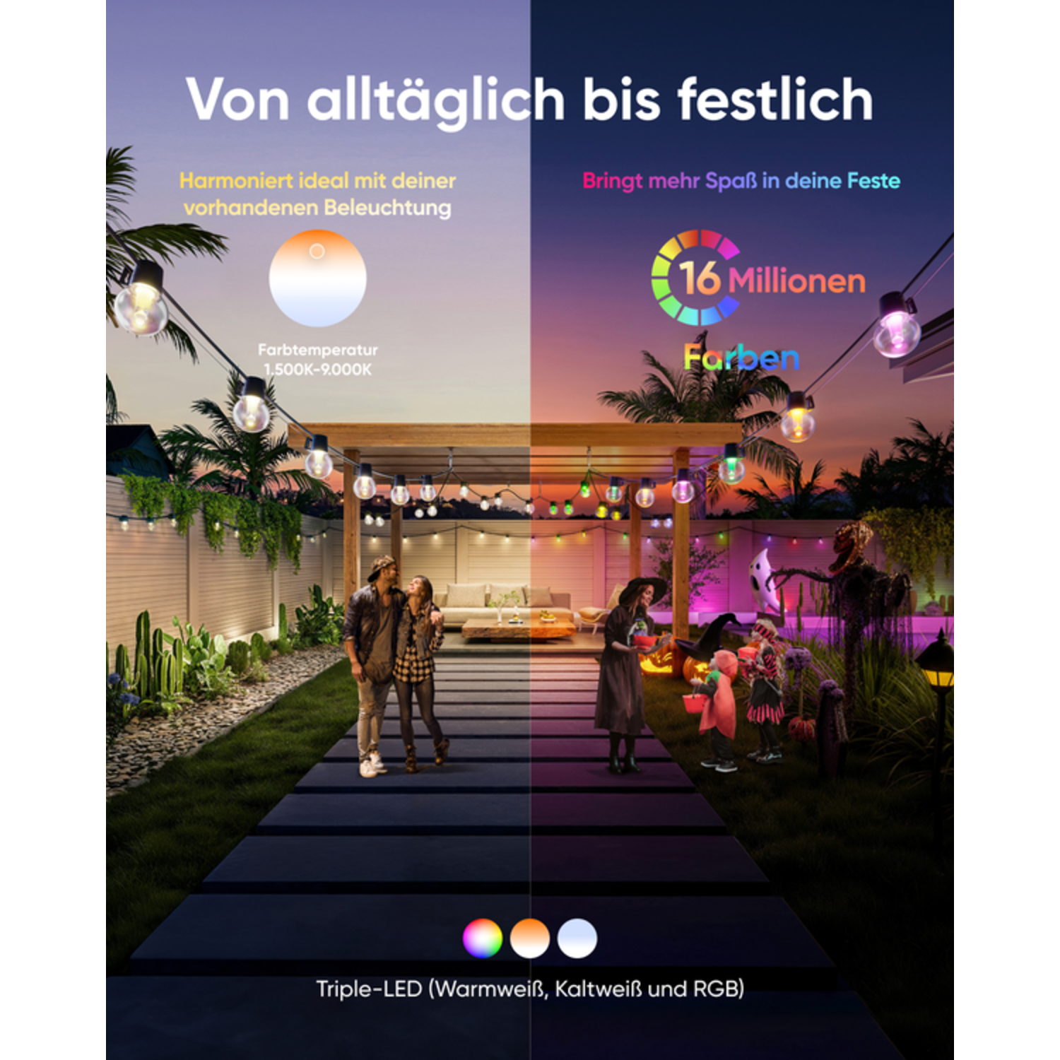 A split image showing a garden scene with warm and cool lighting, and text about lighting.