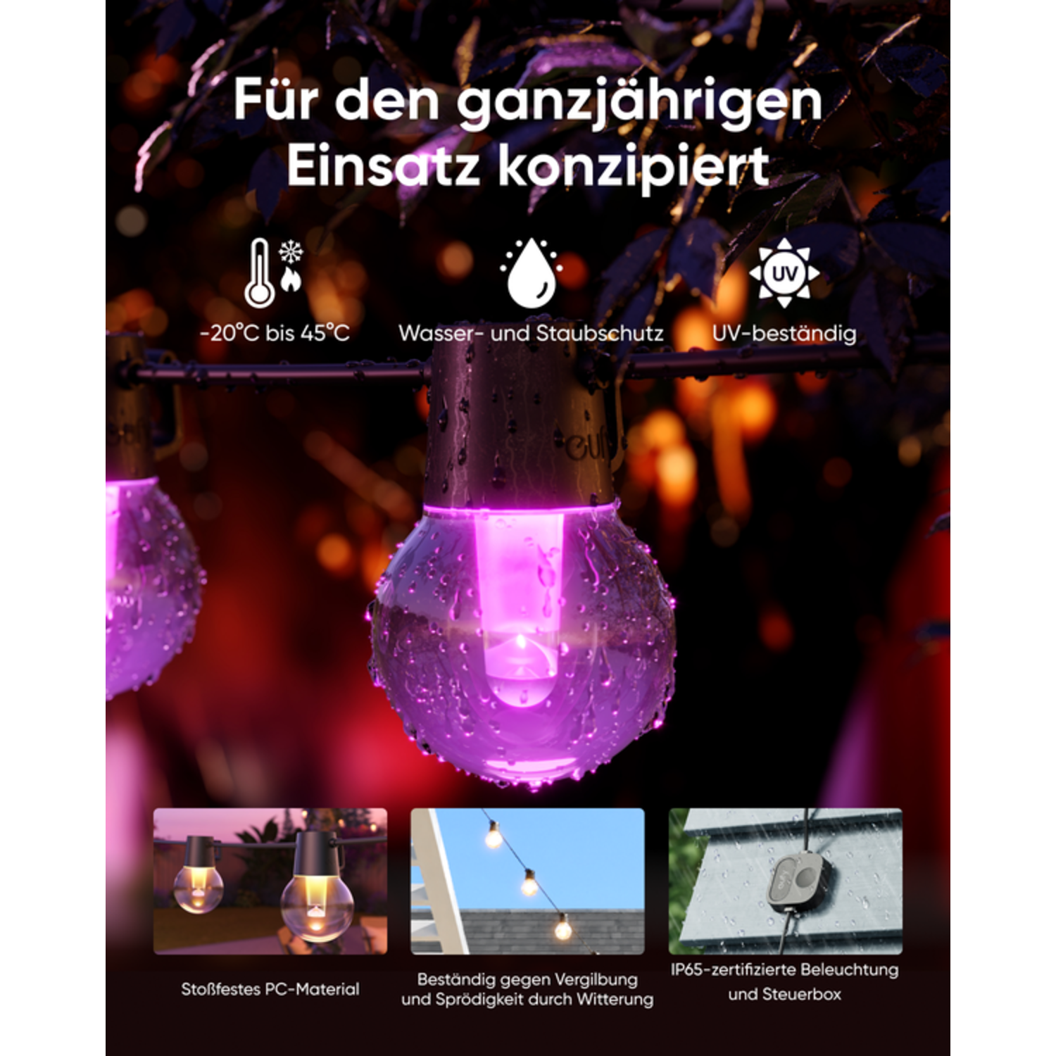 Light bulbs with violet light, with text showing features like waterproof and UV resistant.
