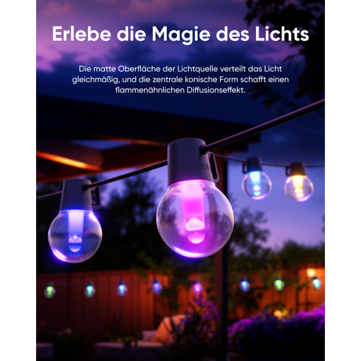 String lights with glowing bulbs. Background shows a dusk sky, wooden fence, and greenery.