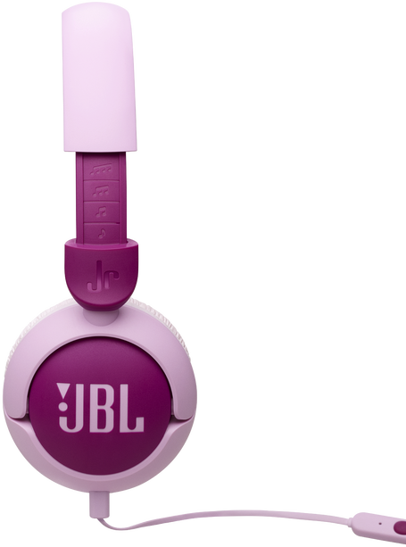 Lila fejhallgató rózsaszín fülhallgatóval. A JBL logó látható. Fekete háttér.