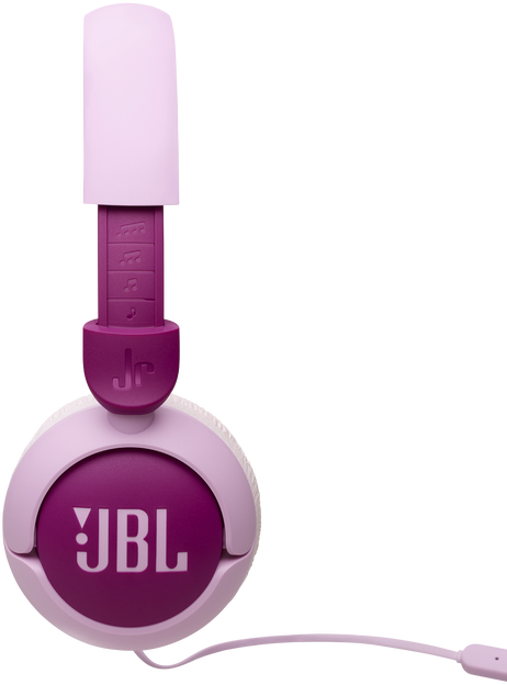 Lila és fehér JBL Jr fejhallgató. A fejhallgatót gyerekeknek tervezték.