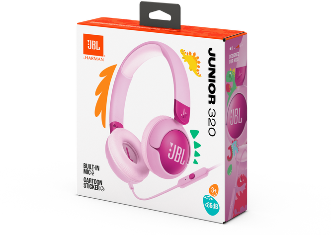 Rózsaszín JBL Junior 320 fejhallgató, rajzfilm matricával a dobozon.