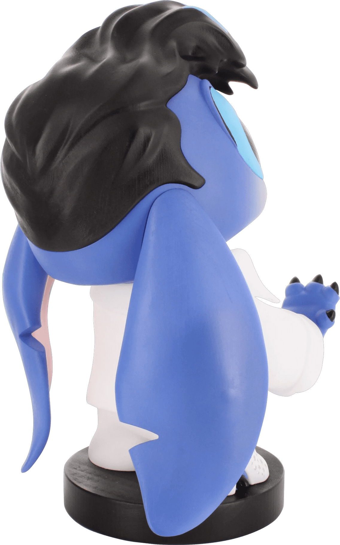 Statuetta blu di Stitch, da dietro, su base nera con sfondo bianco.
