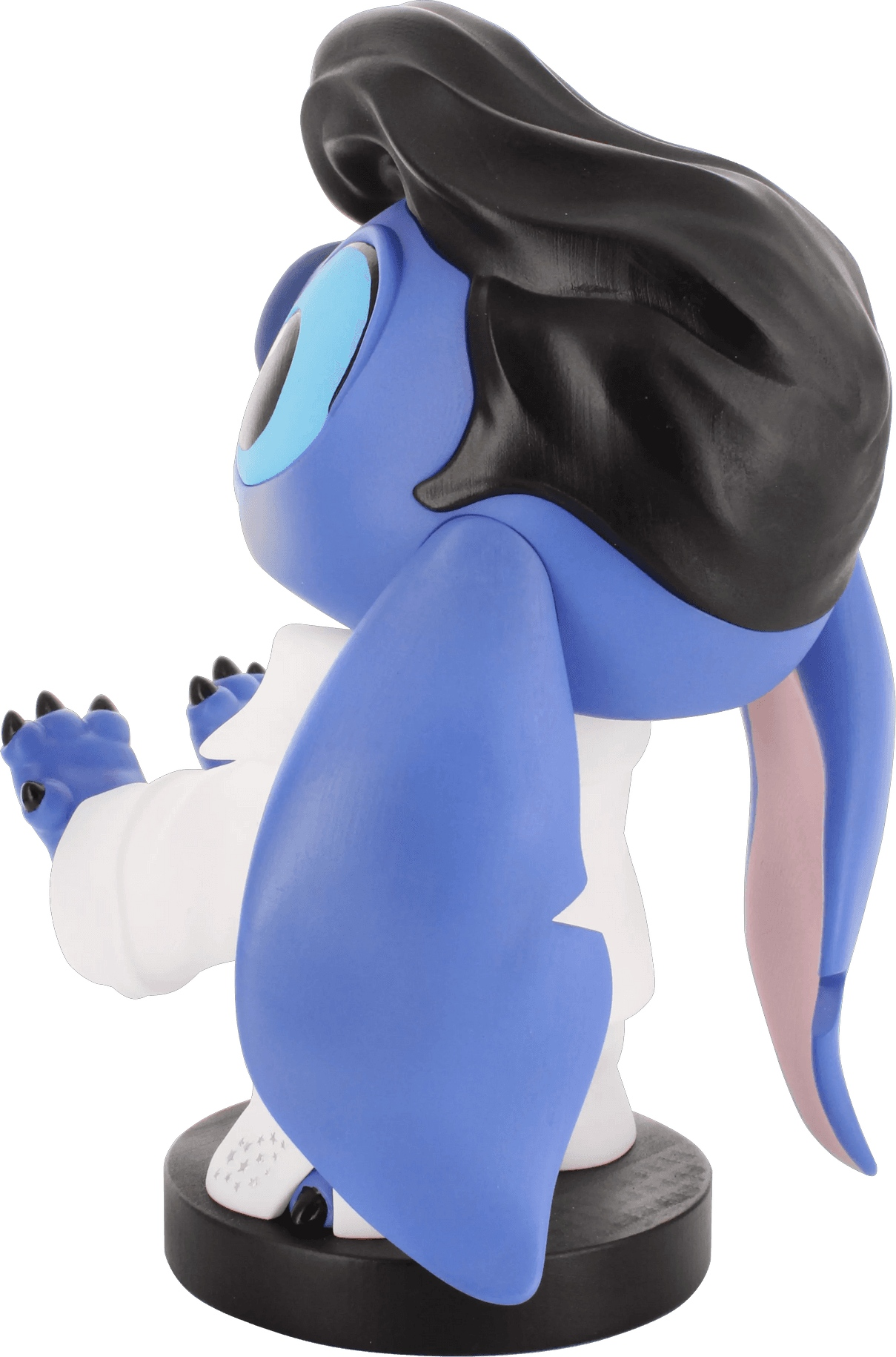 Una statuetta blu di Stitch con capelli neri e una camicia bianca, vista laterale.