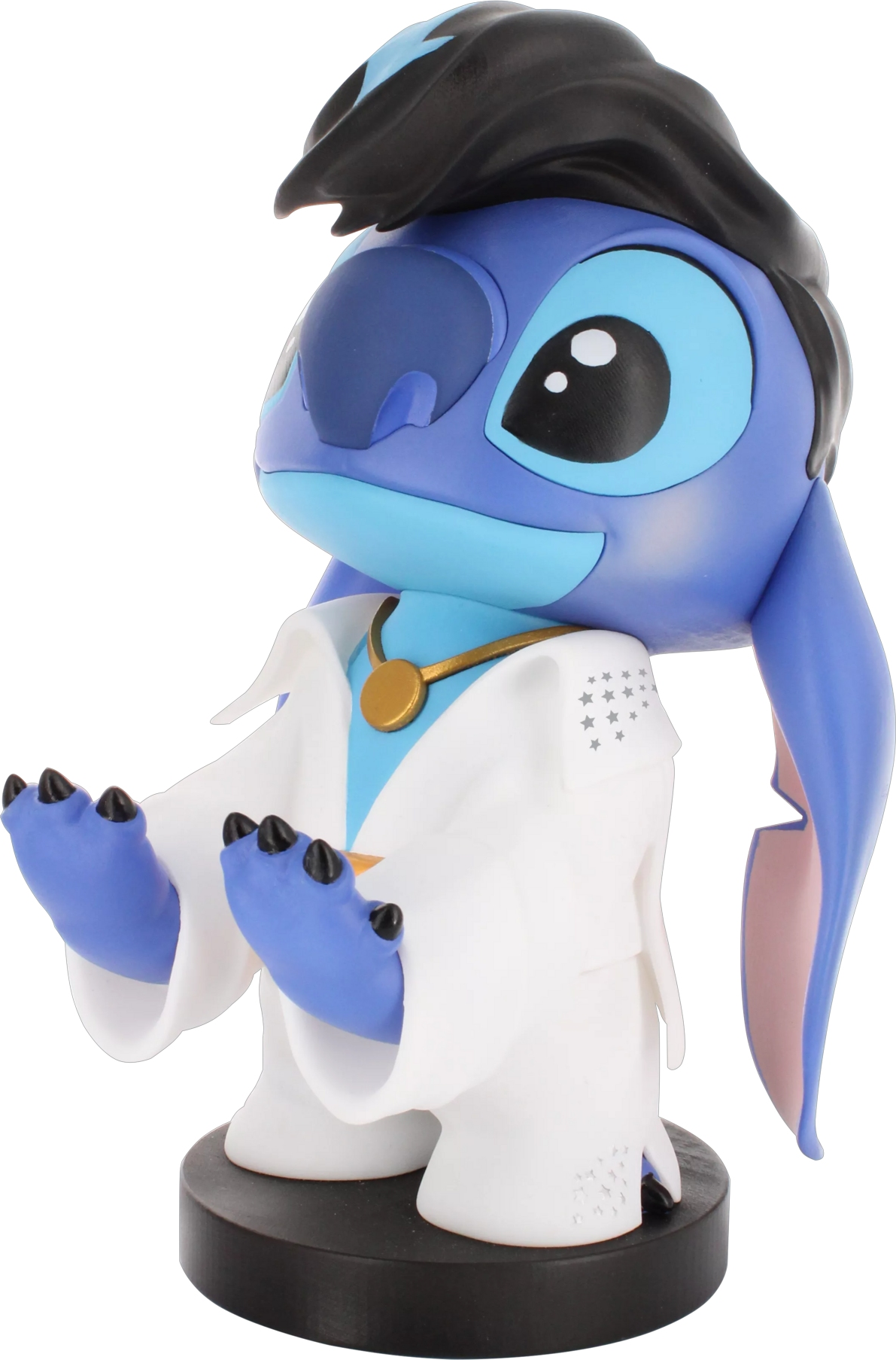 Una statuina di Stitch vestito da Elvis, con una giacca bianca e una parrucca nera di Elvis.