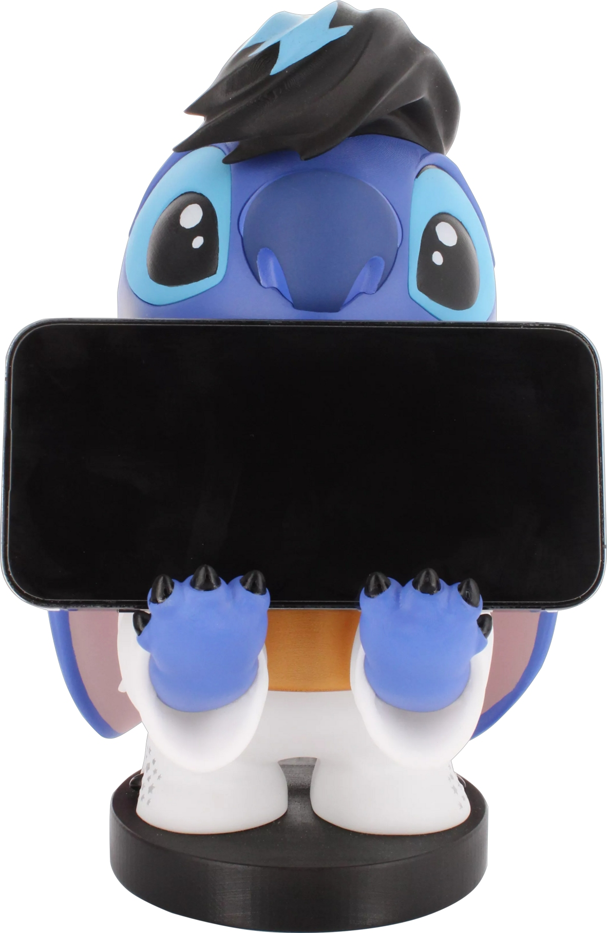 Statuetta di Stitch che tiene un tablet nero. La figura è blu, il tablet è davanti.