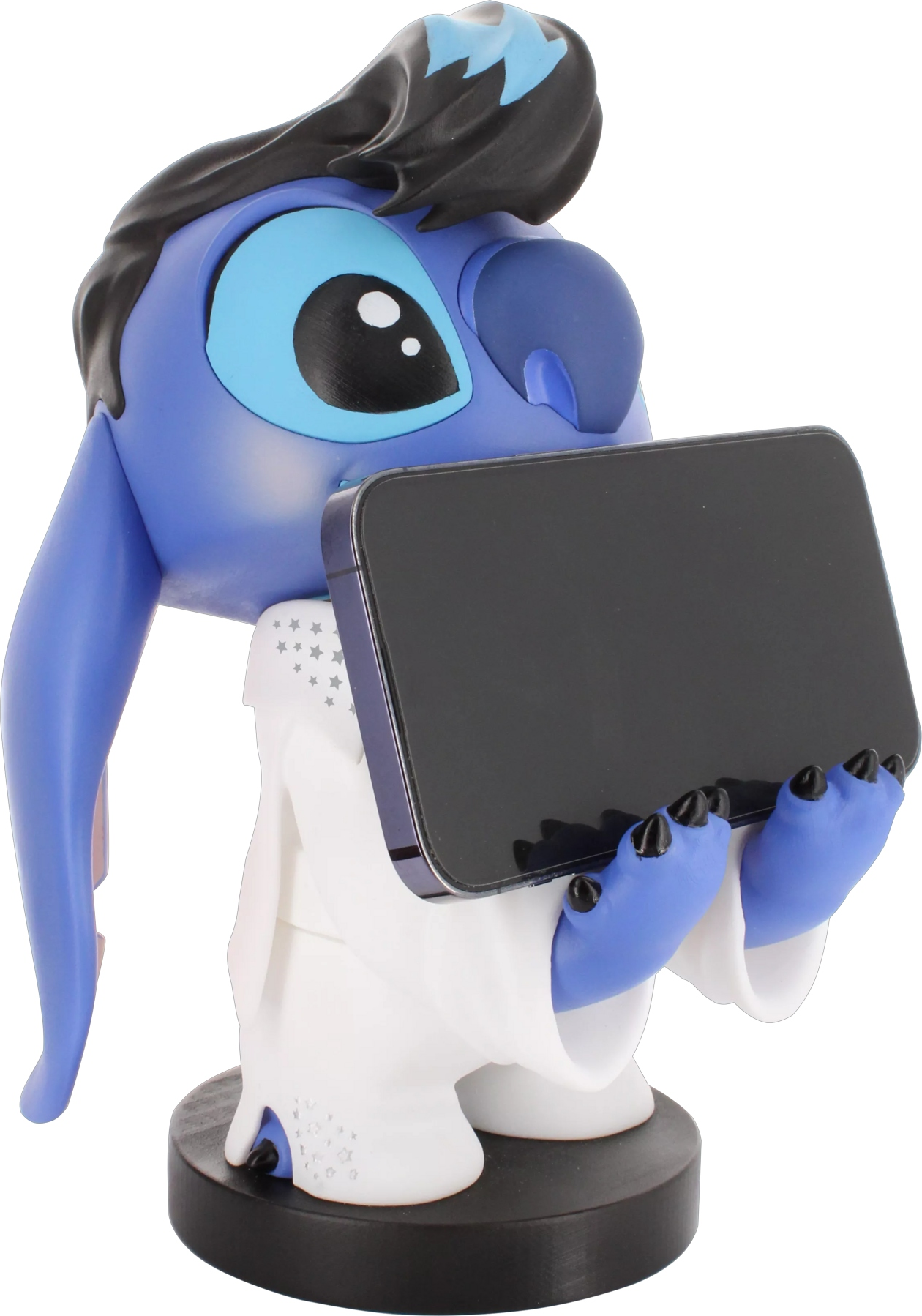 Una statuetta di Stitch che tiene un tablet, vestito da Elvis Presley.
