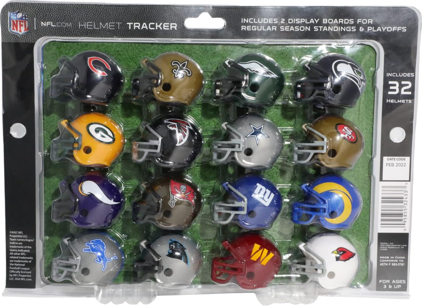 Eine Packung NFL-Helme. Enthält Helme verschiedener Teams, verpackt in einem transparenten Kunststoffbehälter.