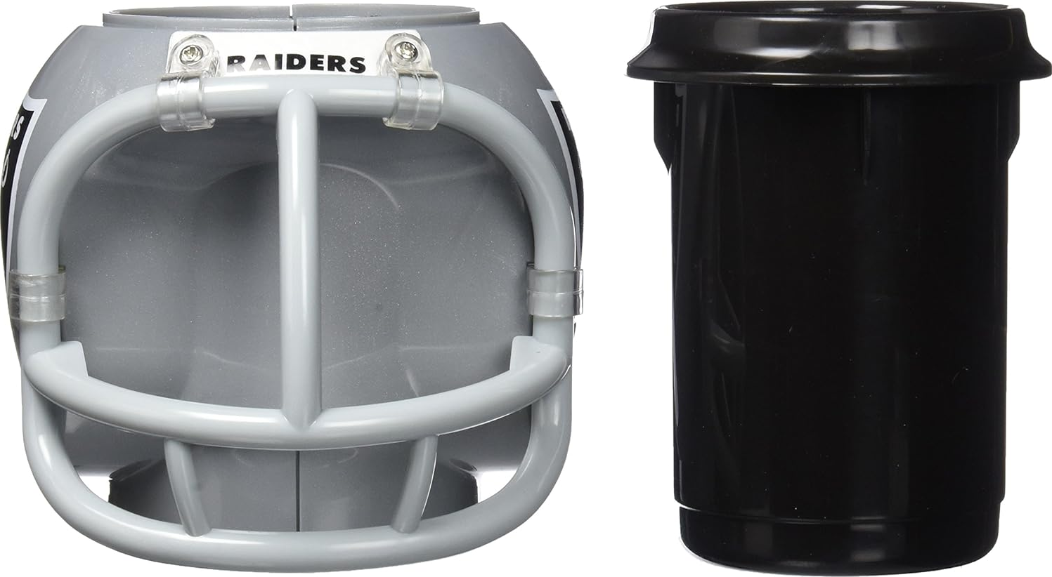 Un contenitore per snack a forma di casco dei Raiders grigio con contenitore interno nero.