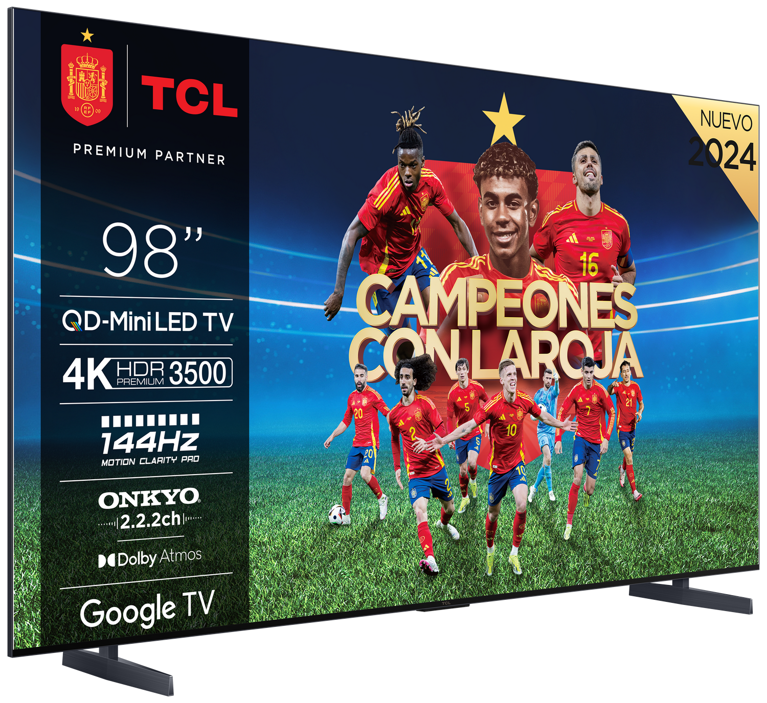 Gran TV TCL mostrando futbolistas españoles, con texto y logotipos.