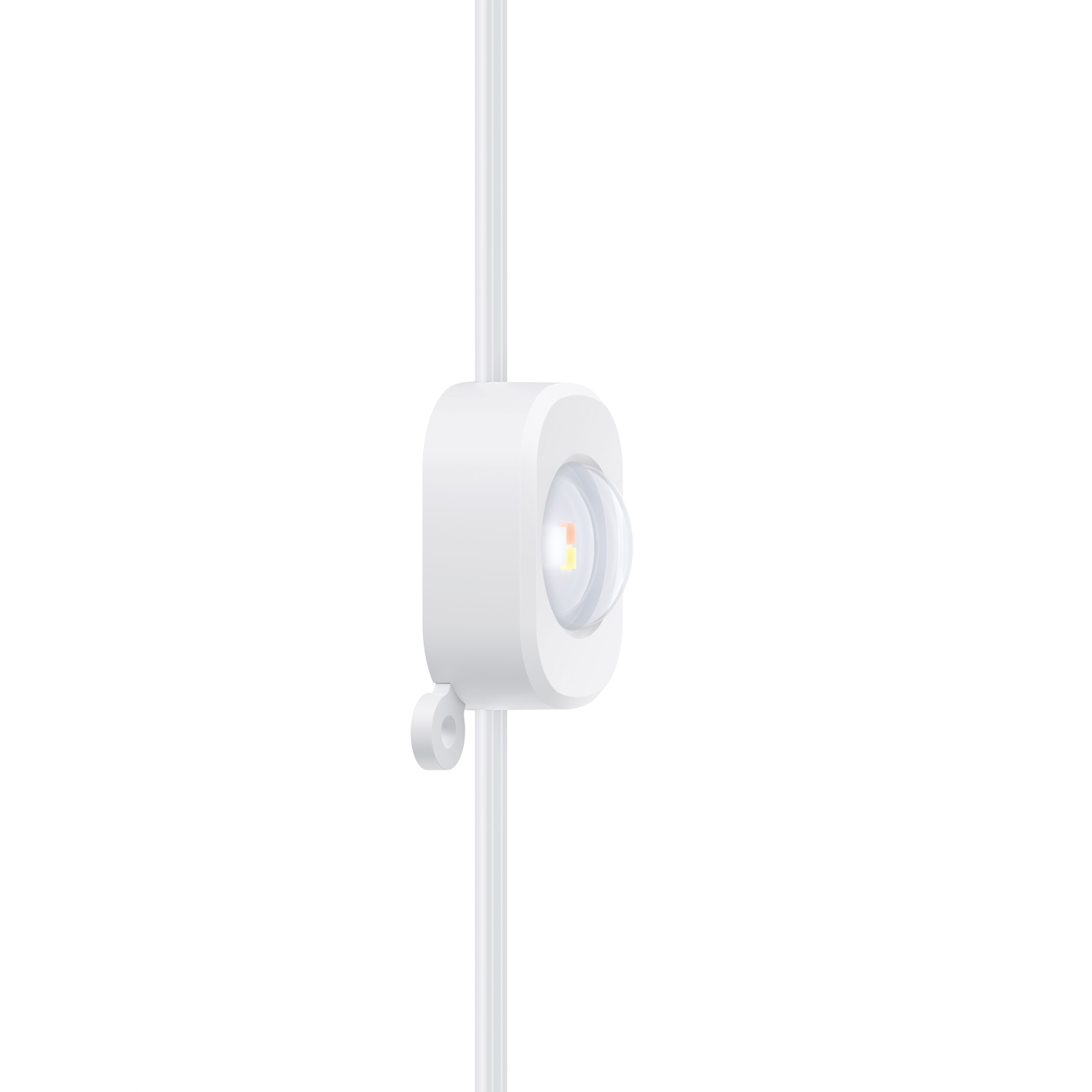 White device on a white background, with a light fixture element.
