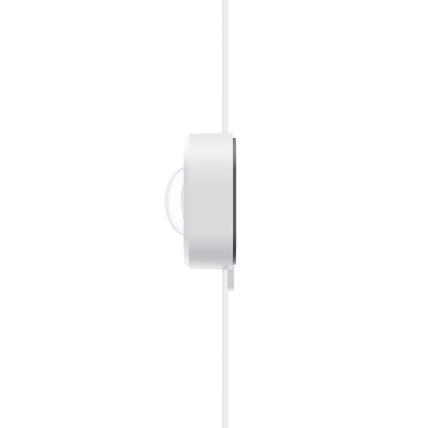 A white circular device with a clear cover and a cord.