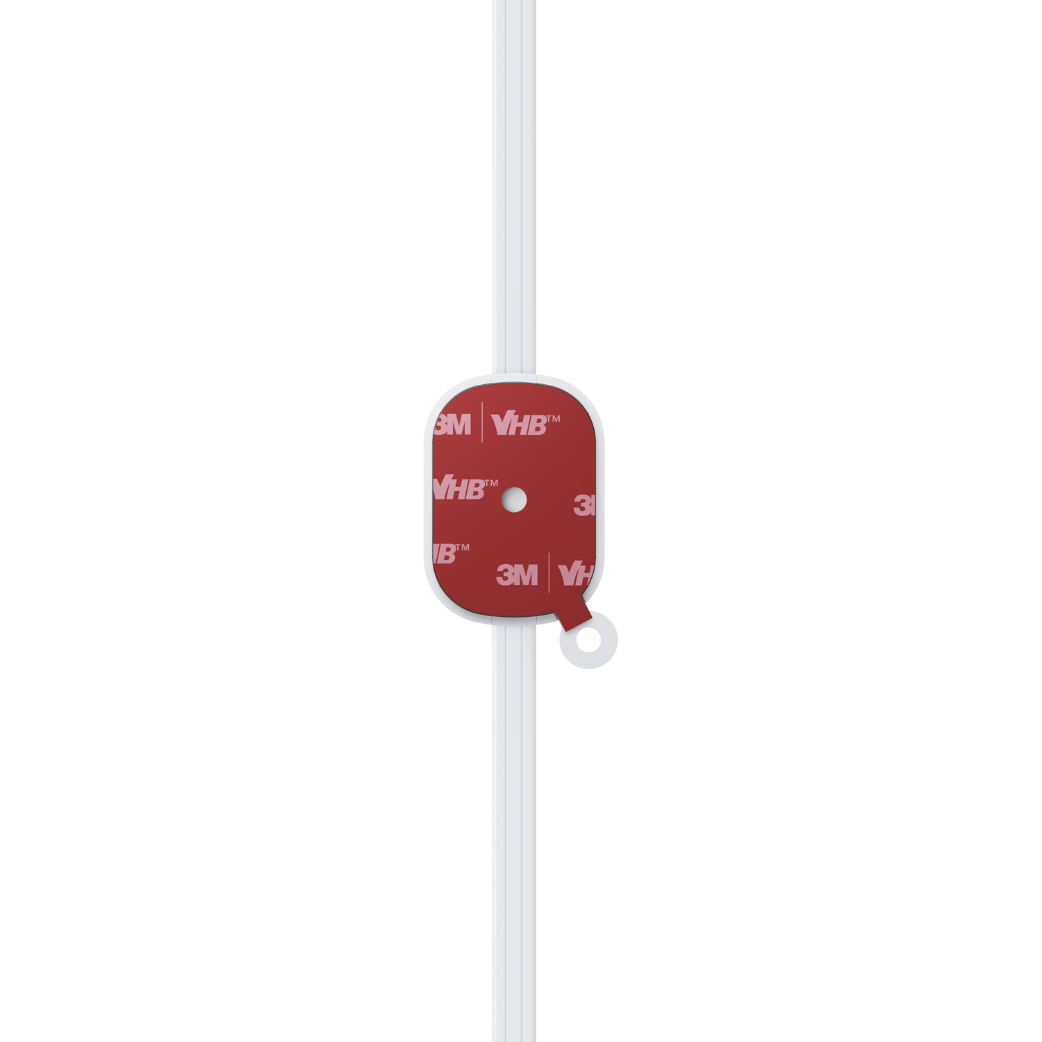 A white adhesive tape with a red square in the middle. It has a white line.