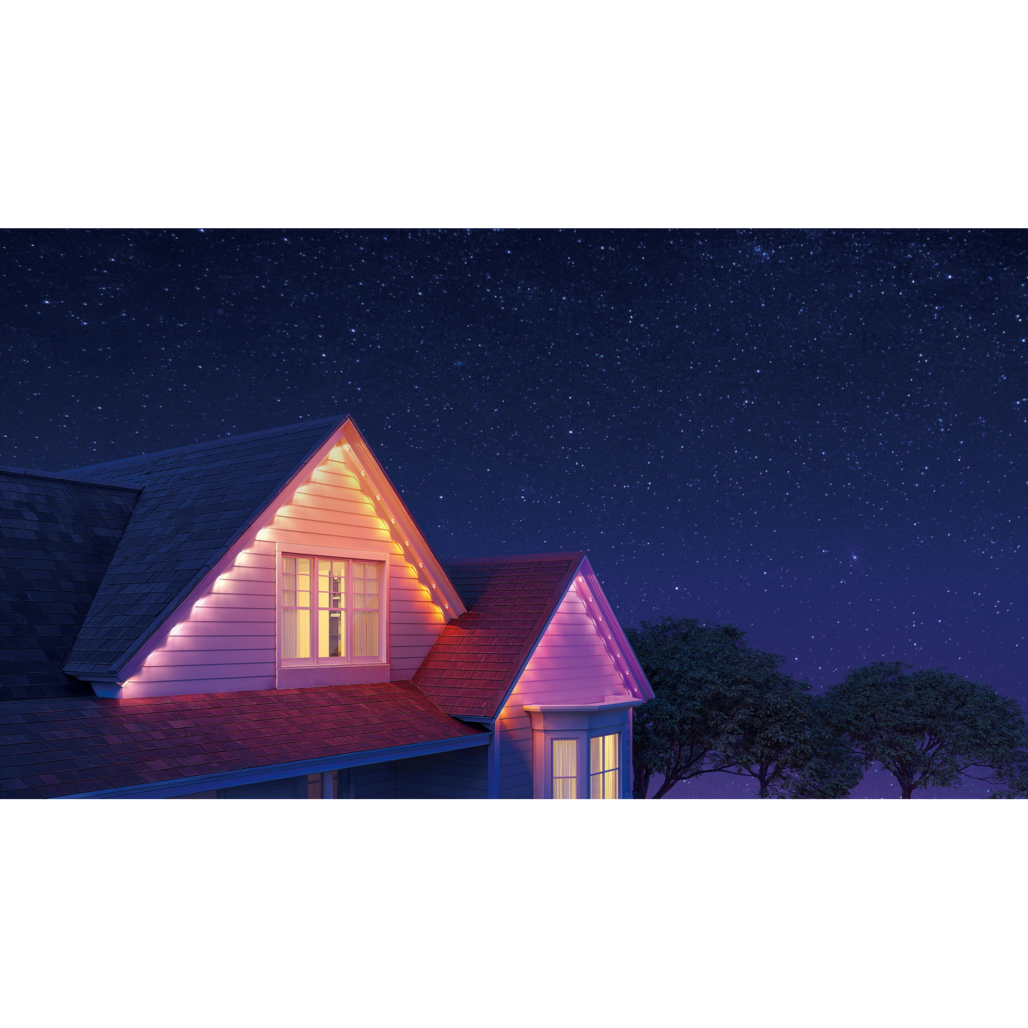 A house at night with lights on the roof, in front of a starry sky.