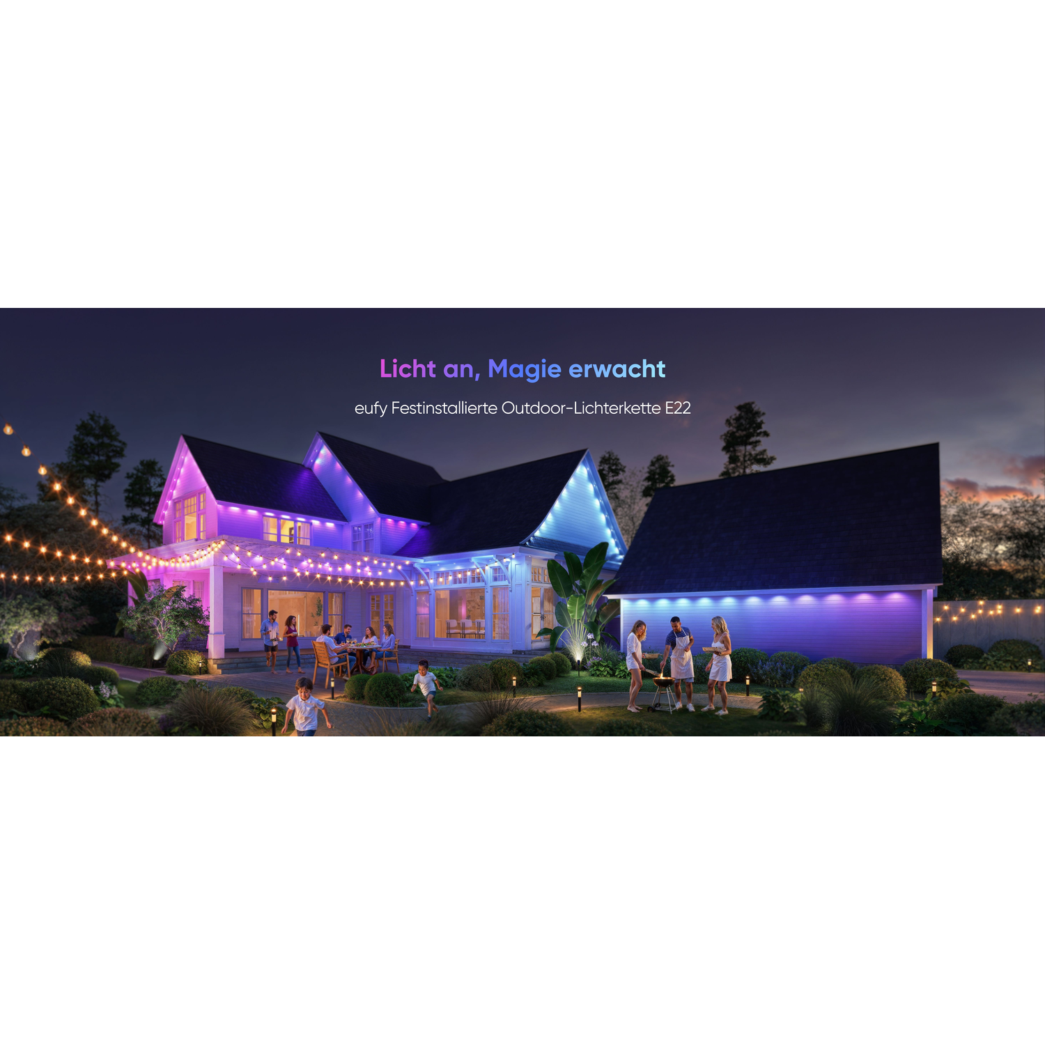 A house at night with string lights, people, and a barbecue, with a vibrant color scheme.