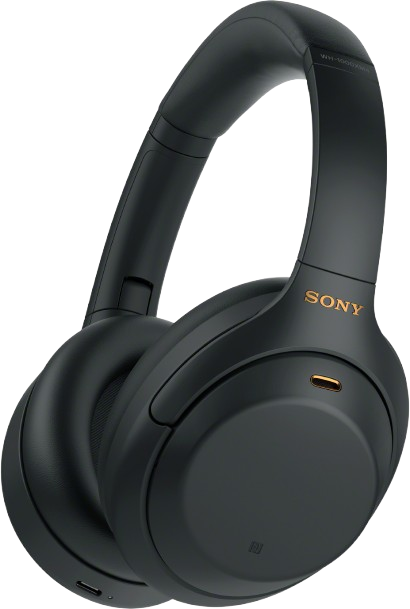 Schwarze Sony WH-1000XM5 Kopfhörer. Das Wort 'SONY' ist auf der Seite gedruckt. Ohrmuscheln und Kopfband sind sichtbar.