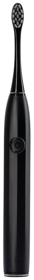 Czarna elektryczna szczoteczka do zębów z przyciskiem zasilania, skośną główką, białe tło.