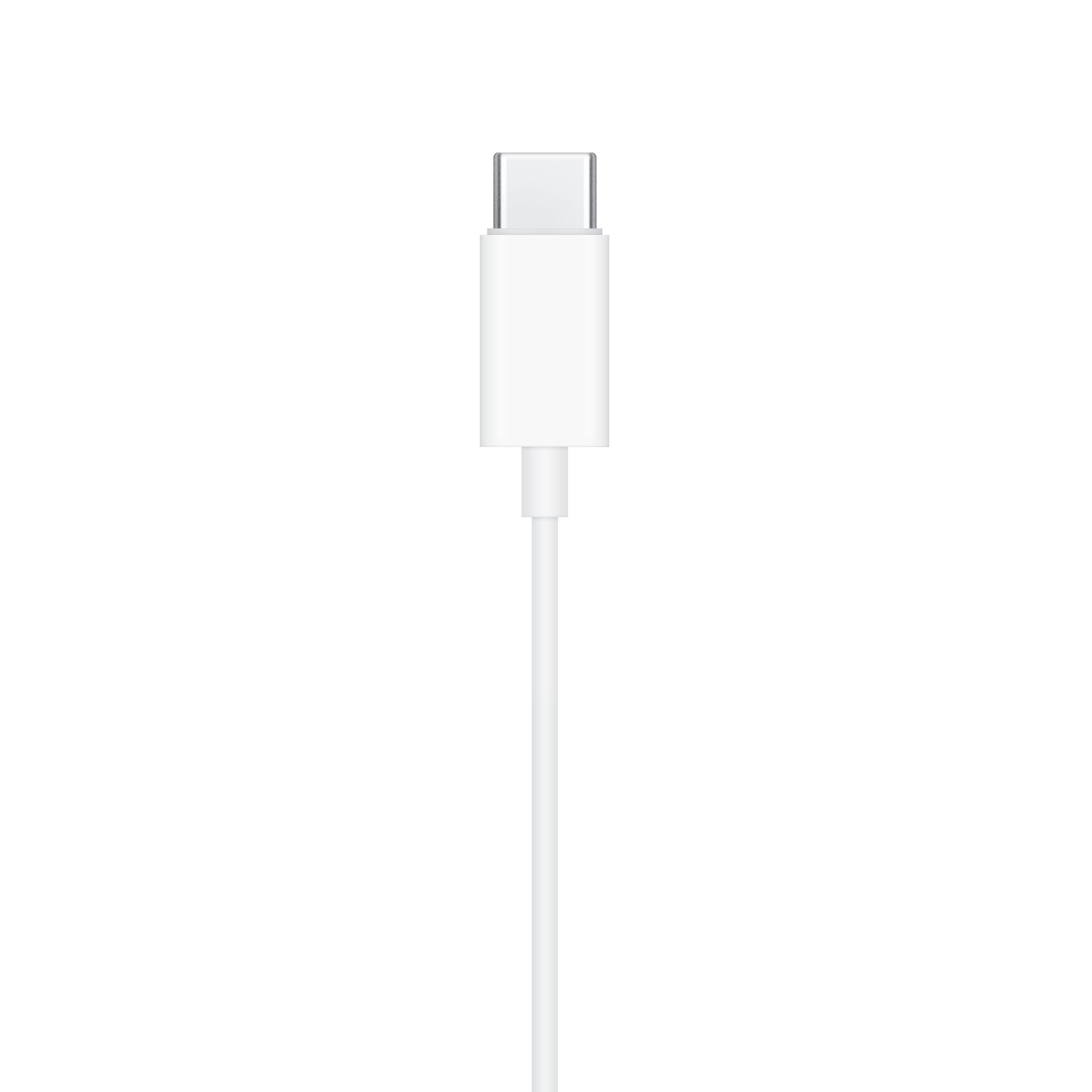 Un cable USB-C blanco, primer plano, con fondo blanco.