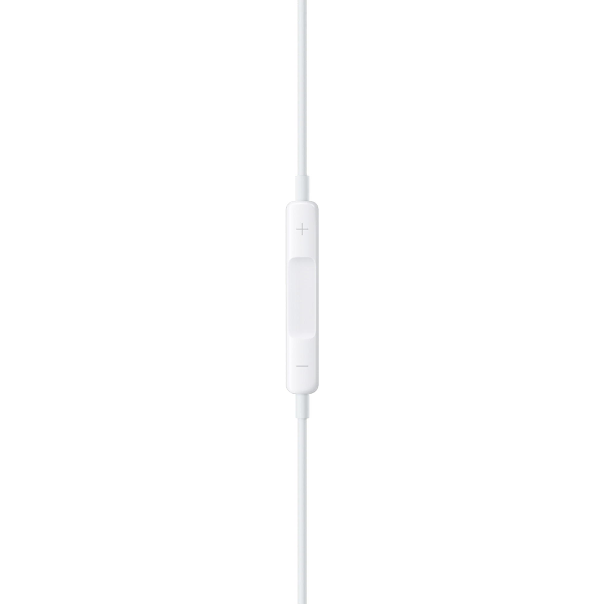 Cable de auriculares blanco con un módulo de control con botones + y -.