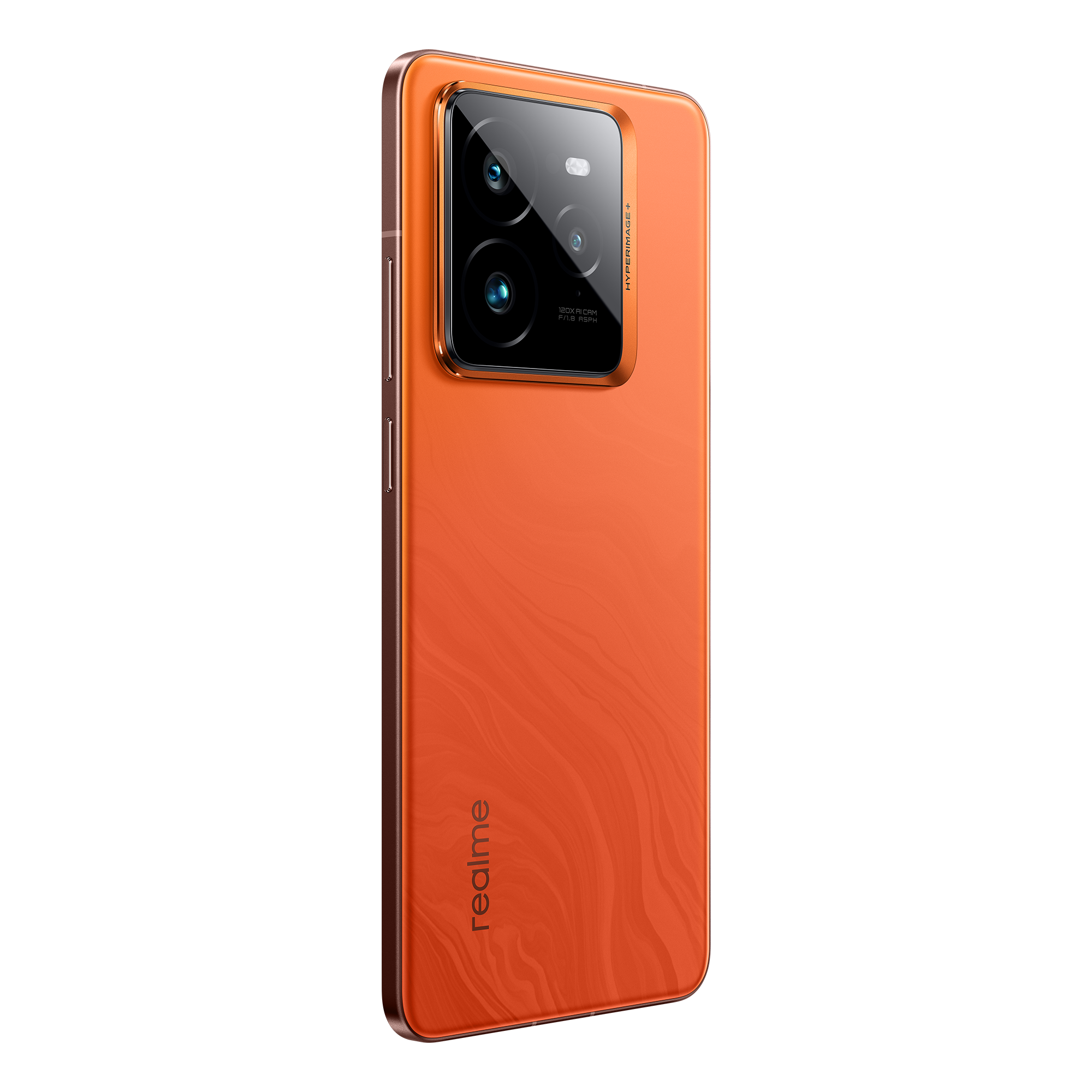 Vista trasera de un teléfono inteligente naranja con tres cámaras, fondo negro.