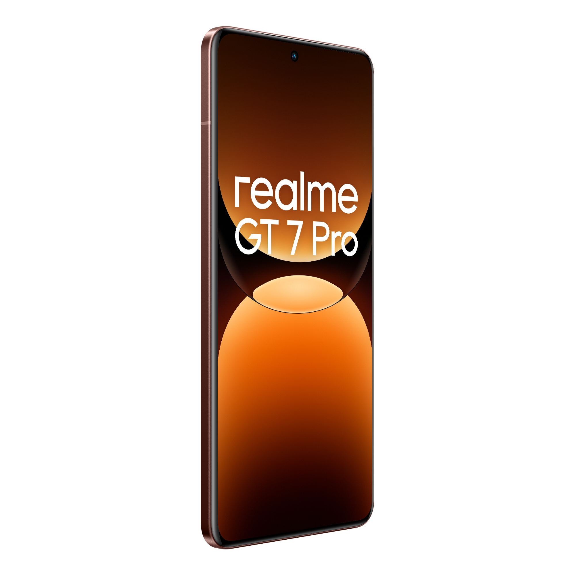 Smartphone Realme GT 7 Pro con pantalla degradada naranja, fondo negro.