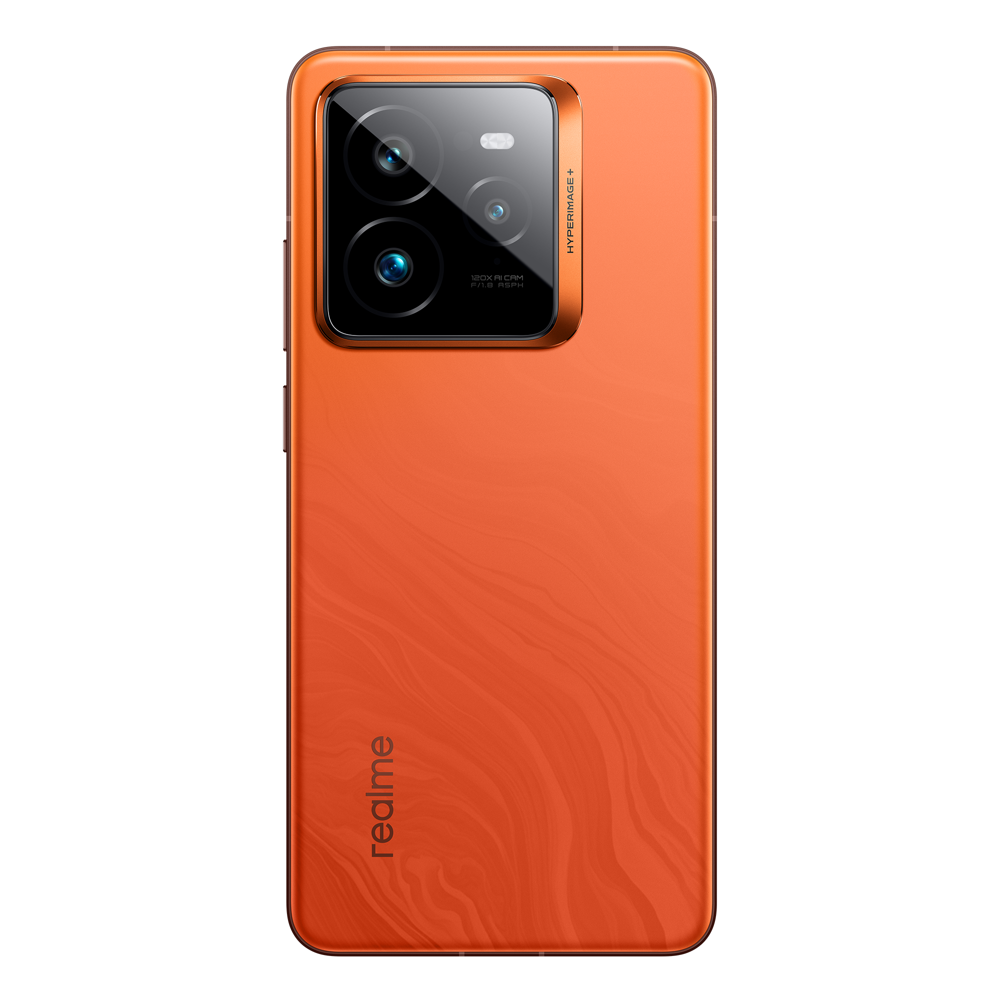 Smartphone naranja con módulo de cámara y logotipo 'realme' sobre fondo negro.
