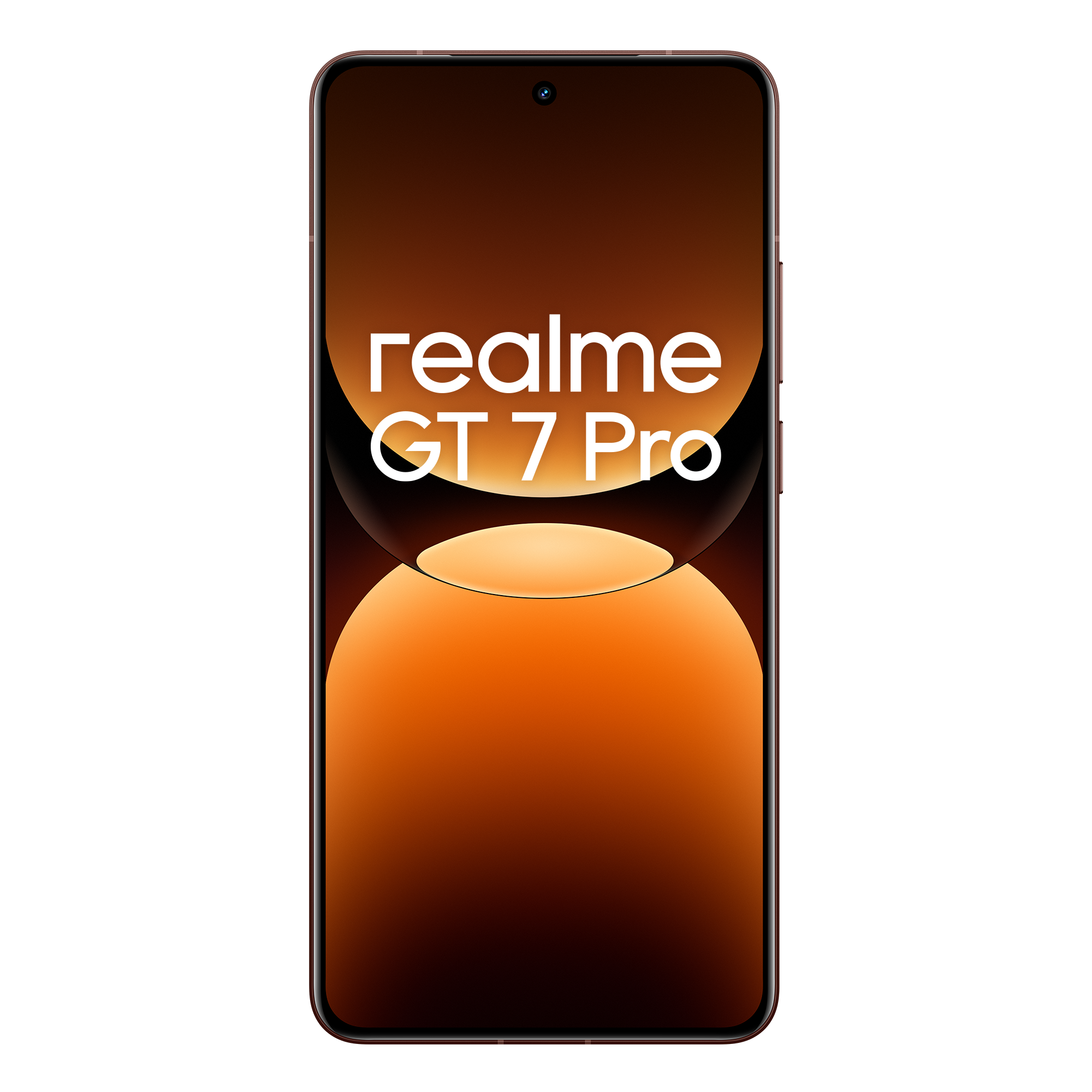 Un smartphone con un fondo degradado marrón y naranja y las palabras 'realme GT 7 Pro'.