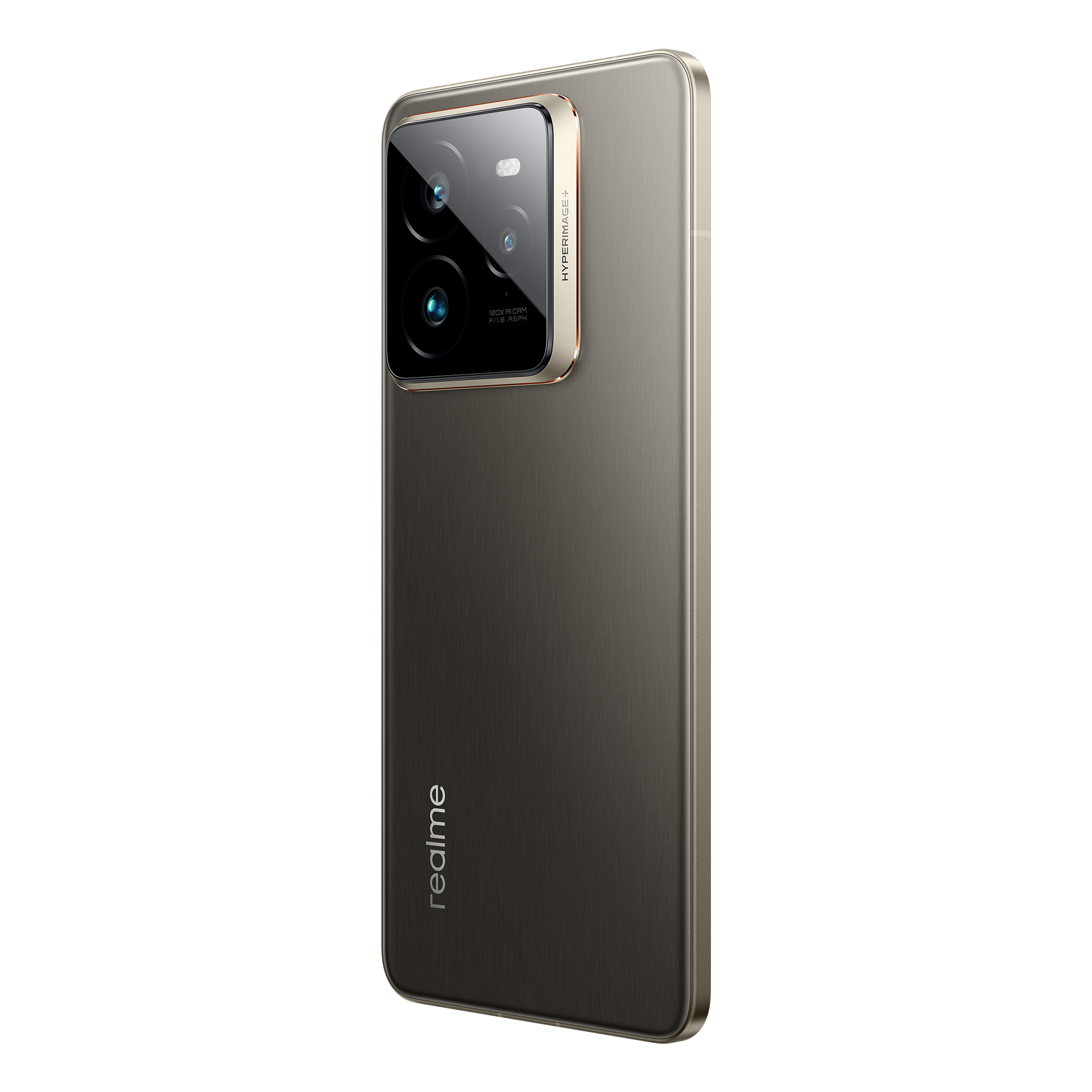 Un smartphone con marco dorado y parte trasera gris oscuro con tres cámaras.