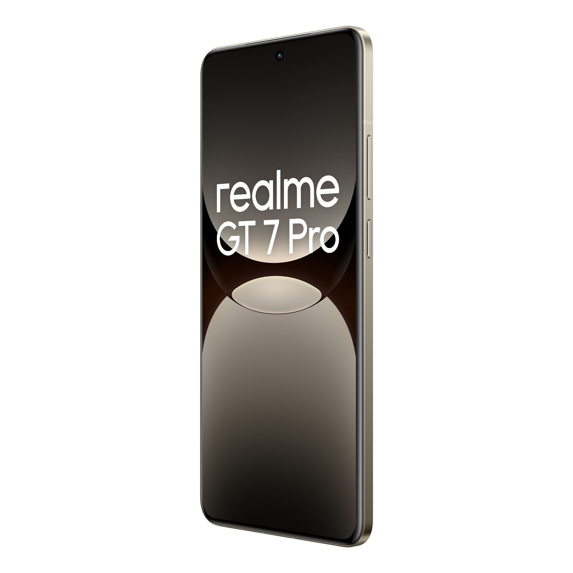 Un teléfono inteligente dorado con las palabras 'realme GT 7 Pro' en la pantalla, fondo negro.