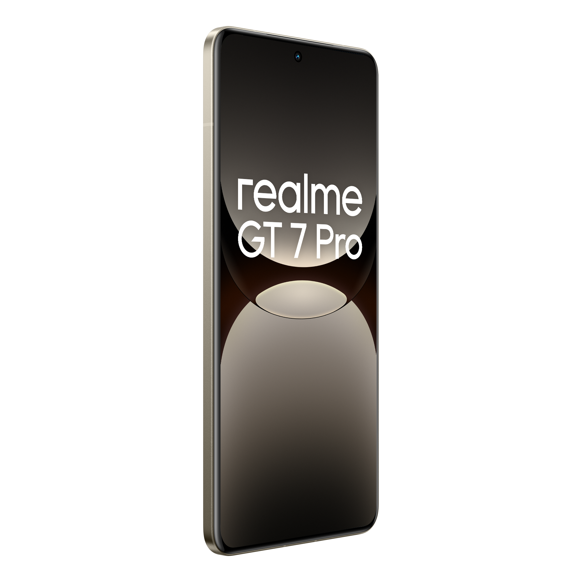 Smartphone Realme GT 7 Pro, vista en ángulo. La pantalla muestra el logo Realme.