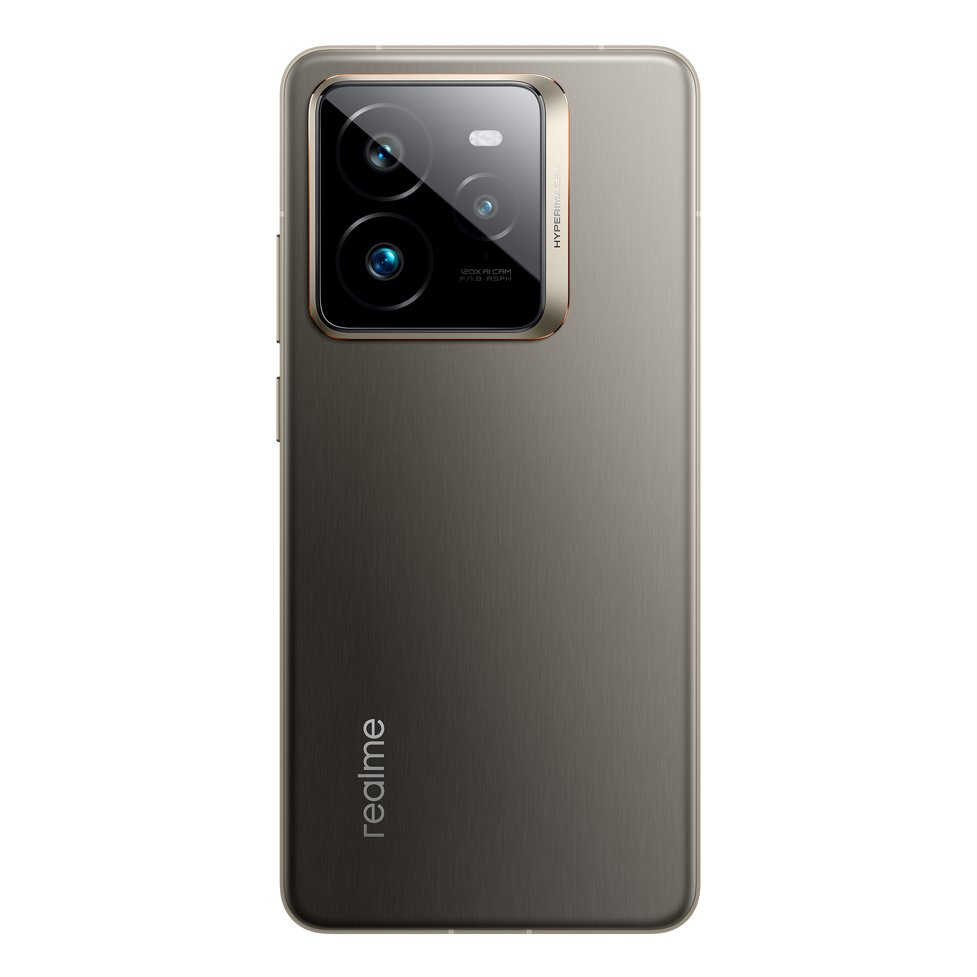 Smartphone gris metálico, vista trasera, con múltiples cámaras y logotipo realme.