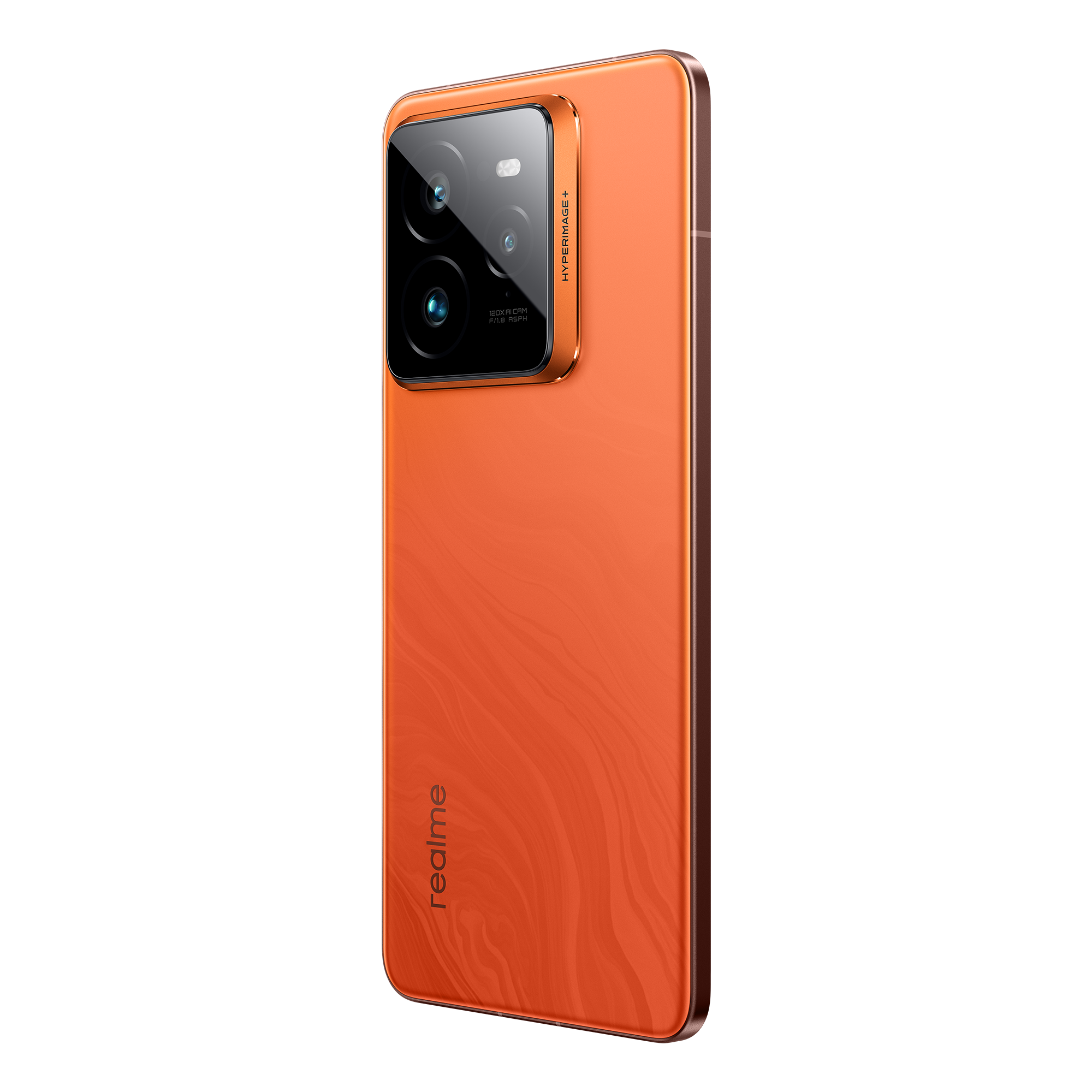 Un teléfono inteligente naranja con un sistema de cámara de triple lente y la marca Realme se muestra sobre fondo negro.