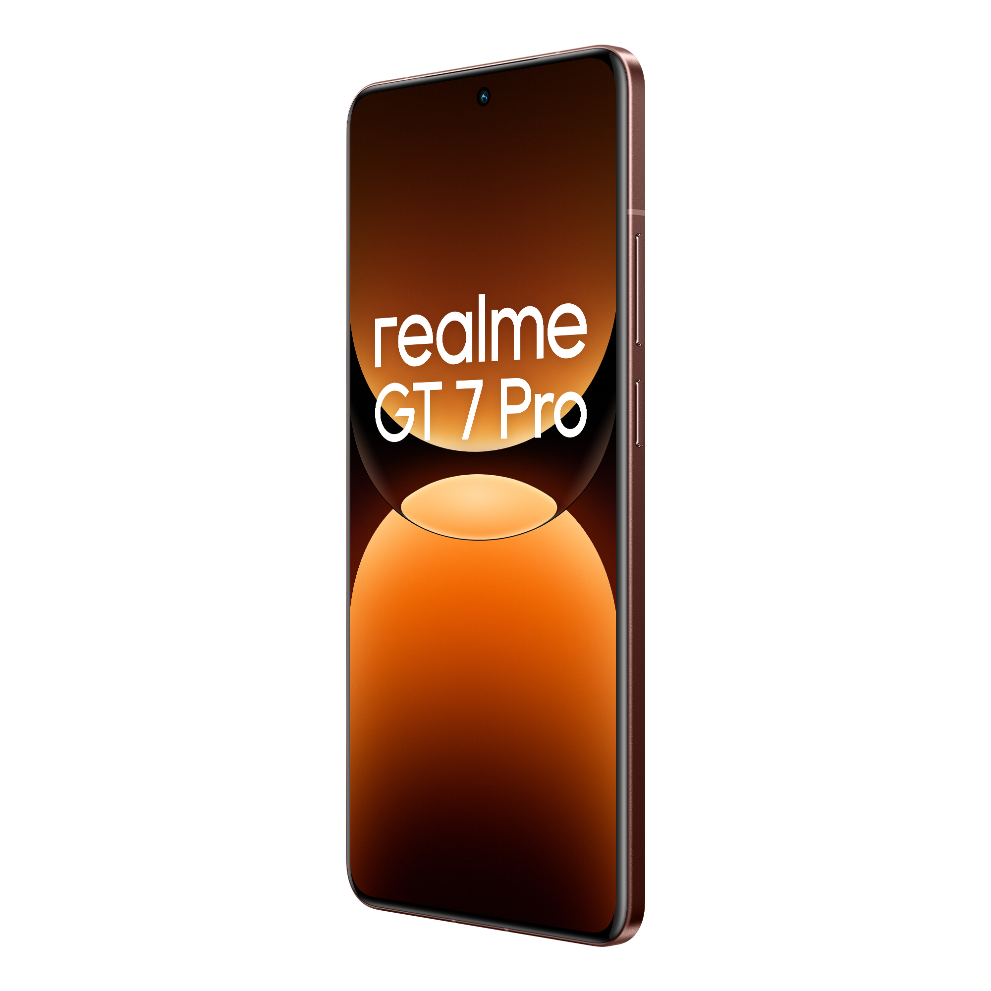 Un smartphone oro rosa con una pantalla marrón oscuro que muestra texto blanco.