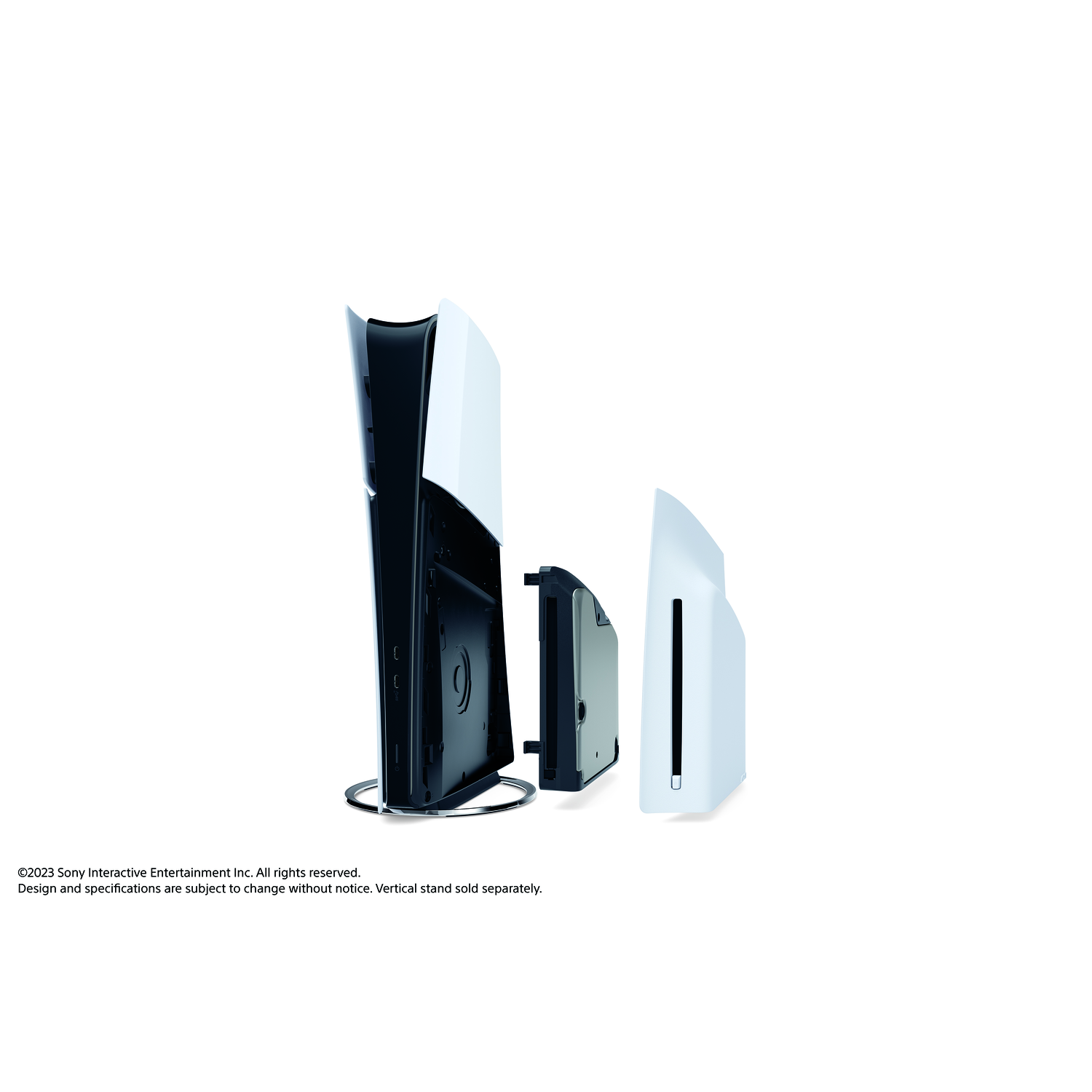 A Playstation 5 setup with the console and its accessories. The console is white and black.