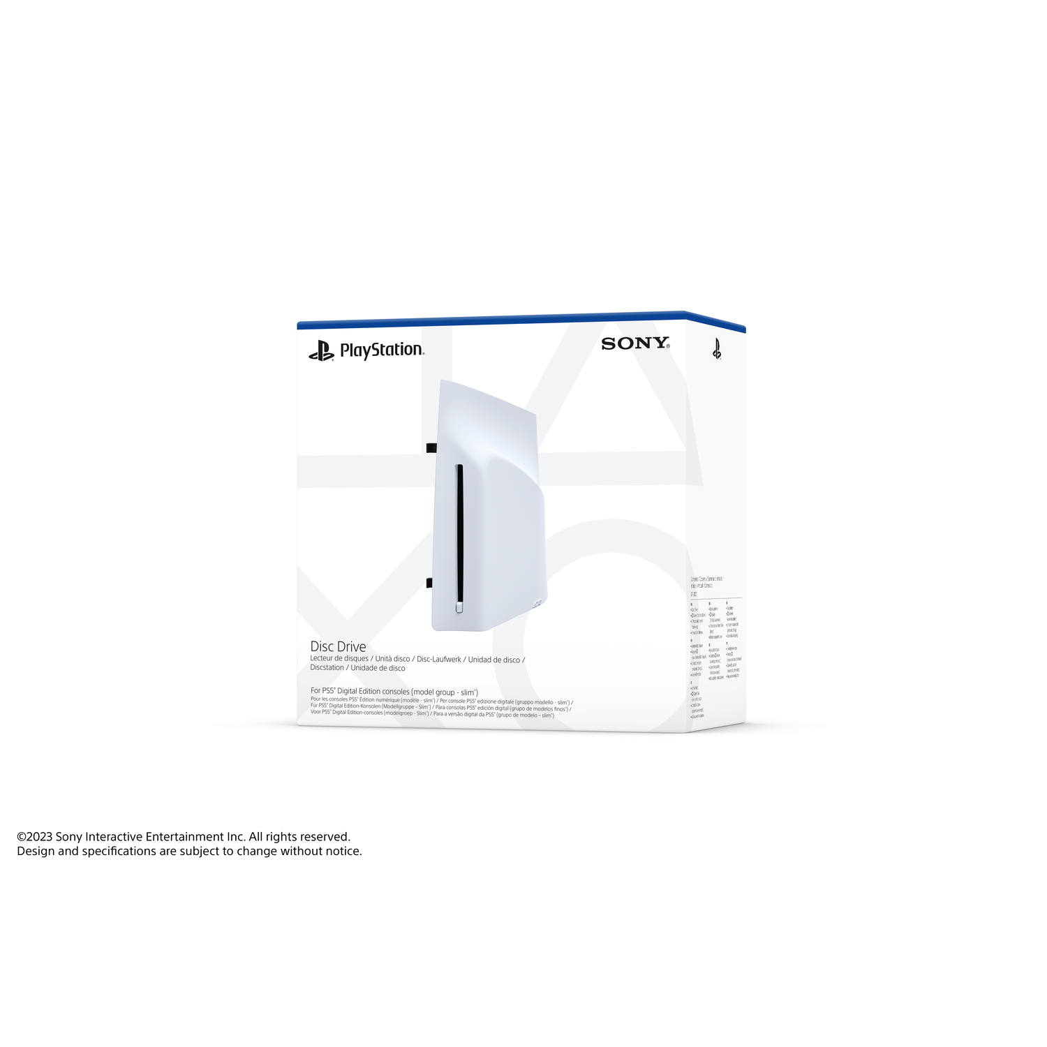 PlayStation disc drive box. White box with black disc drive image, and the Sony logo.