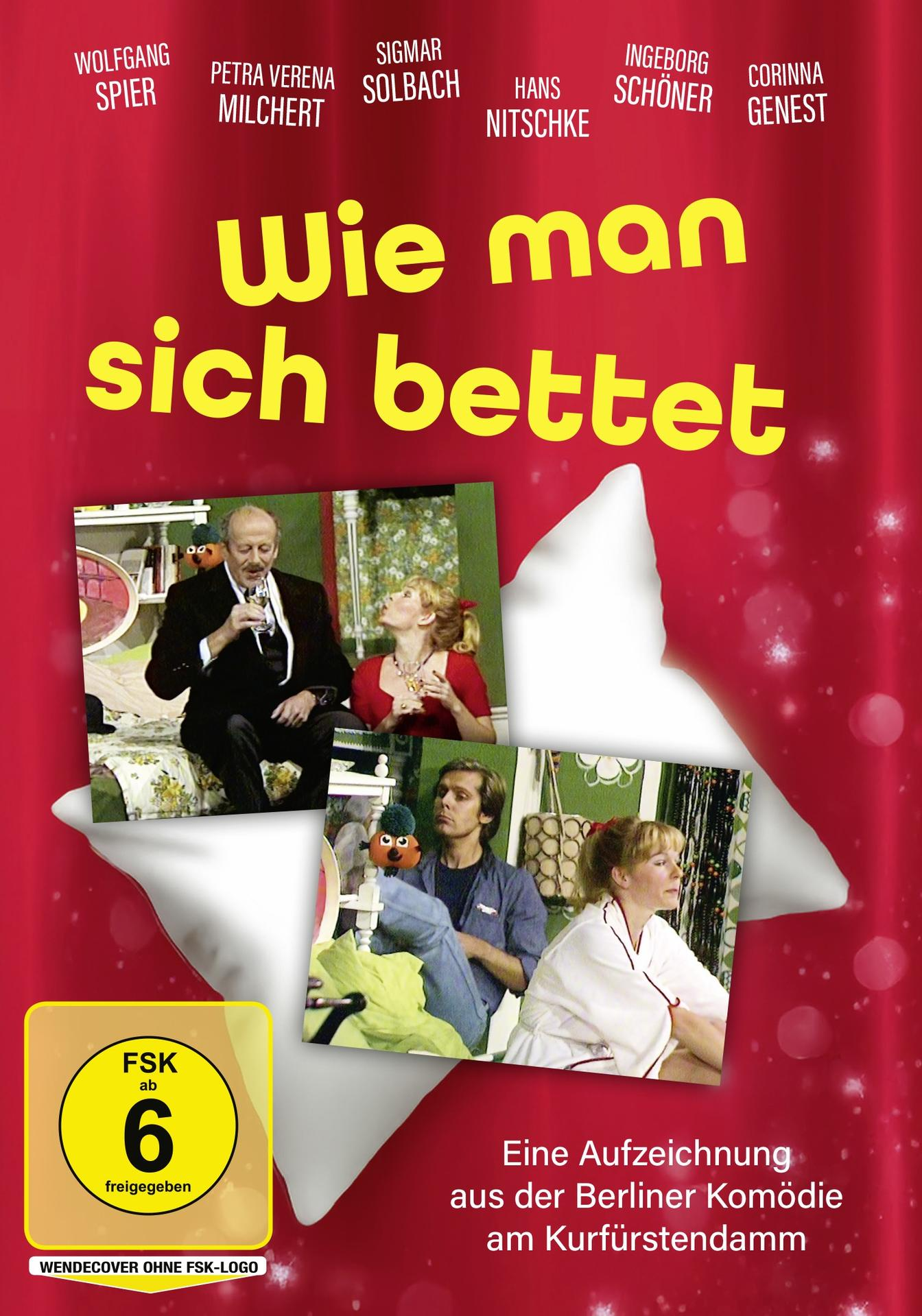 DVD-Cover. Titel: Wie man sich bettet. Bilder von Menschen in einem Theaterstück. Roter Hintergrund mit weißen Akzenten.