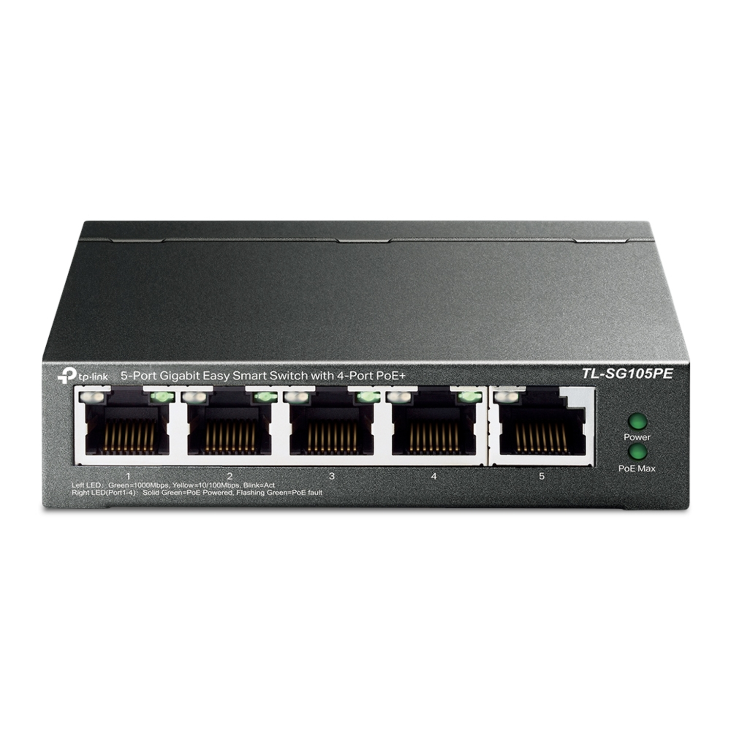 Black network switch with 5 ports and labels.
