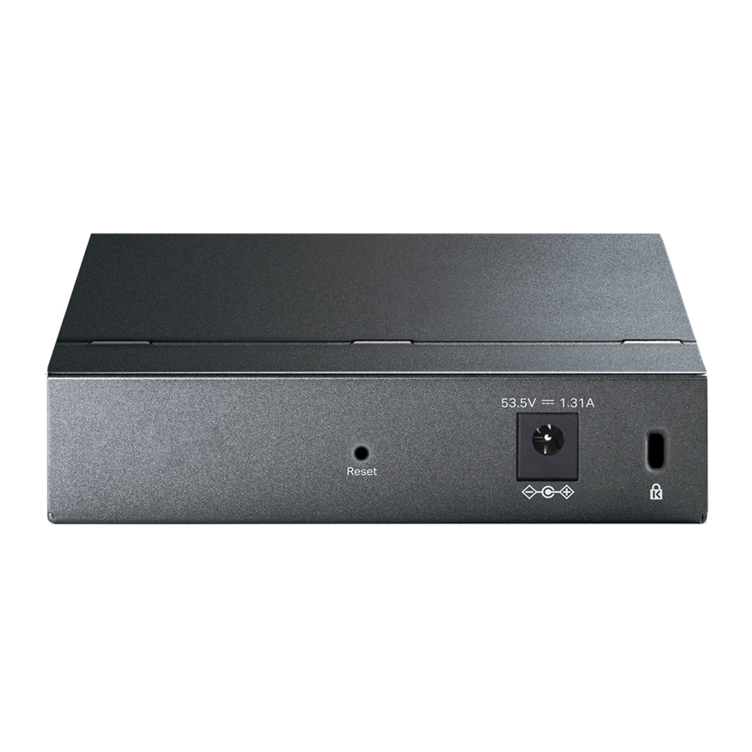 Gray network switch with a reset button, power input, and a lock icon on the back.
