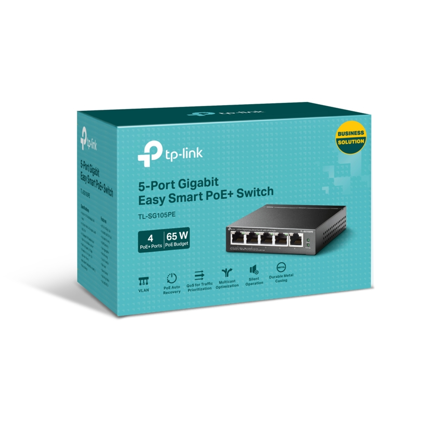 A TP-Link 5-Port Gigabit Easy Smart PoE+ Switch box, black switch, blue and white colors.