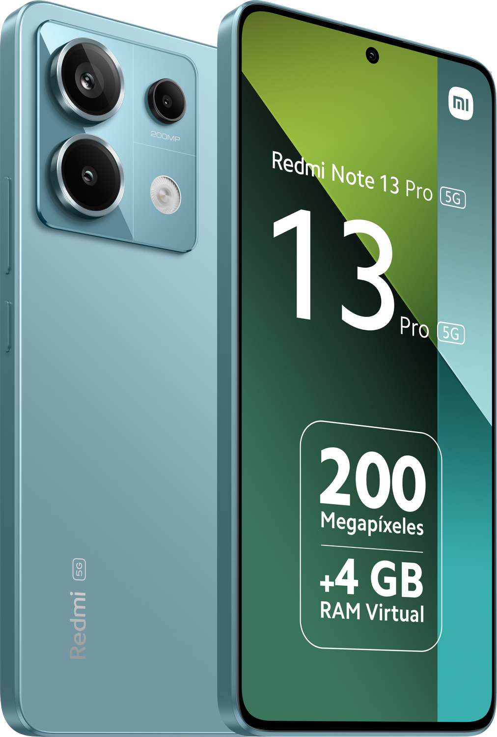 Smartphone azul con triple cámara. Muestra la vista trasera y frontal. Texto: Redmi Note 13 Pro 5G.