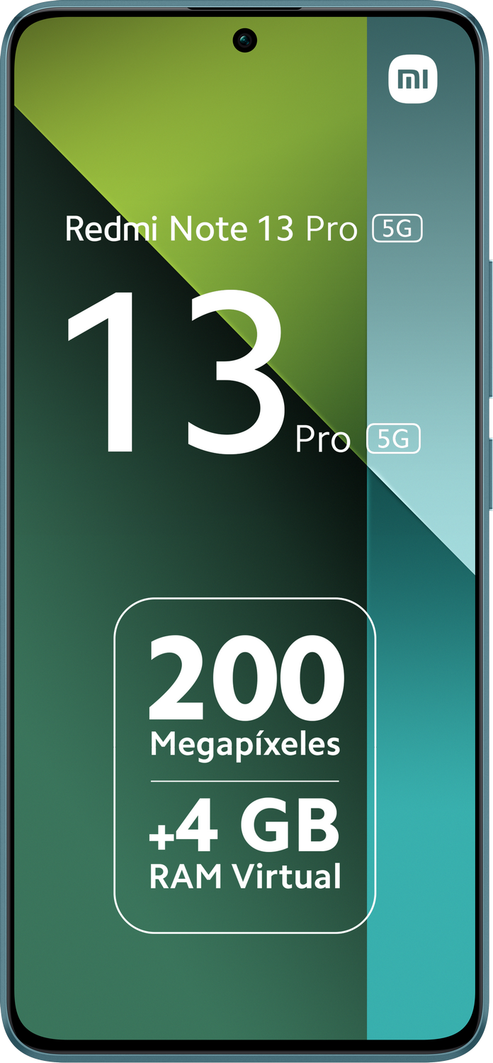 Teléfono Redmi Note 13 Pro 5G con fondo verde y turquesa.