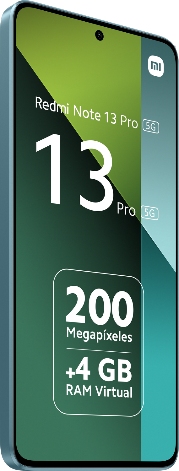 Un teléfono azul Xiaomi Redmi Note 13 Pro 5G con pantalla verde y blanca.