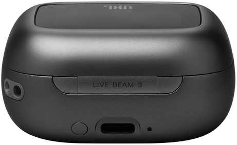 Fekete töltőtok fülhallgatókhoz, "LIVE BEAM 3" felirattal.