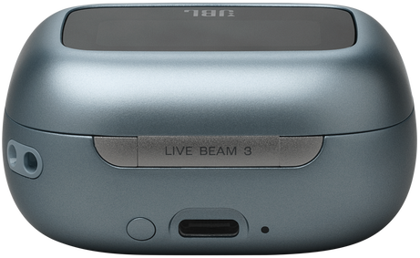 Egy kék JBL Live Beam 3 töltőtok. A tok ovális, töltőporttal.