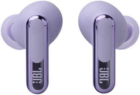 Két lila JBL fülhallgató, a tetejét mutatva a JBL logóval.