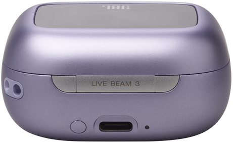 Lila JBL Live Beam 3 töltőtok, a 'LIVE BEAM 3' felirattal.