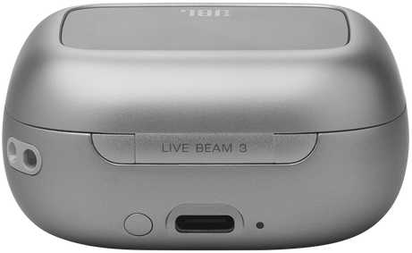 Ezüst JBL töltőtok USB-C porttal és a "LIVE BEAM 3" felirattal.