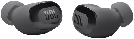 Két szürke JBL fülhallgató. Mindegyiken a JBL logó. A háttér fekete.