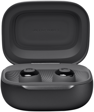 Fekete JBL Live Buds 3 tok, nyitva, két fülhallgatót mutat. A tok sötétszürke, a fülhallgatók láthatók.